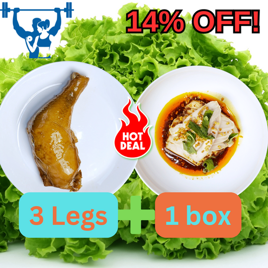 Healthy cooked chicken combo featuring three flavorful chicken legs and a box of savory tofu dish