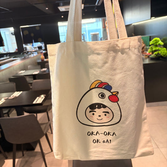 OKA-OKA healthy gift set canvas tote bag with cute cartoon chicken design and colorful details