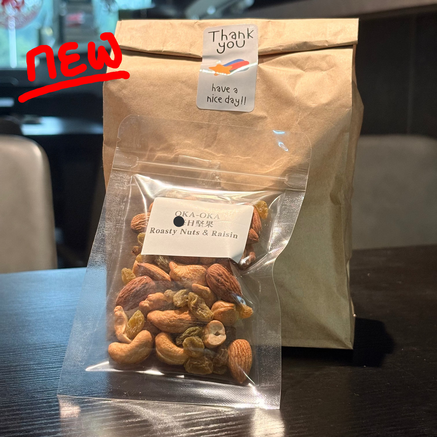 OKA-OKA Roasty Nuts and Raisins in Clear Bag for a Healthy Snack Option
