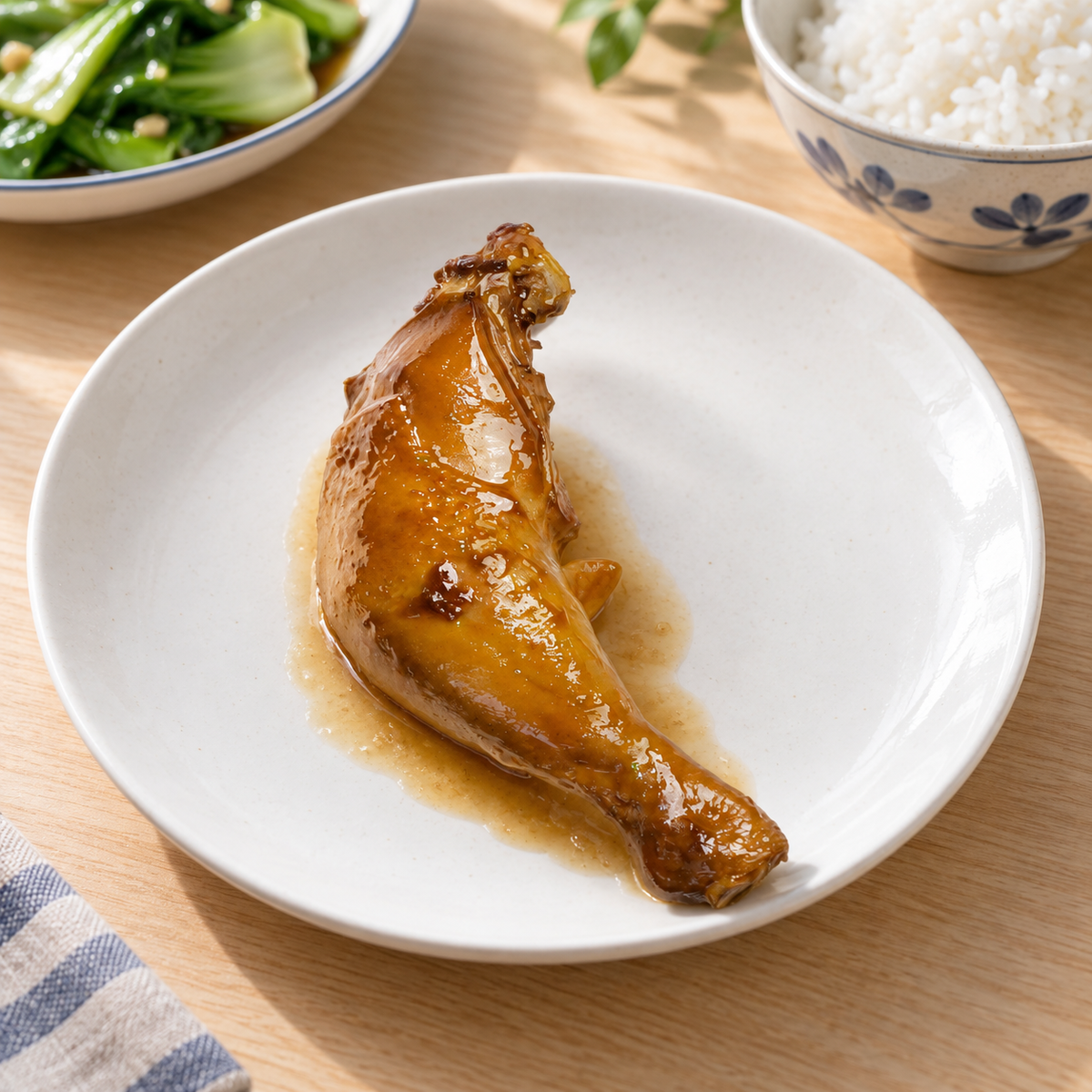OKA-OKA日式照烧全鸡腿搭配米饭与青菜的食用示意