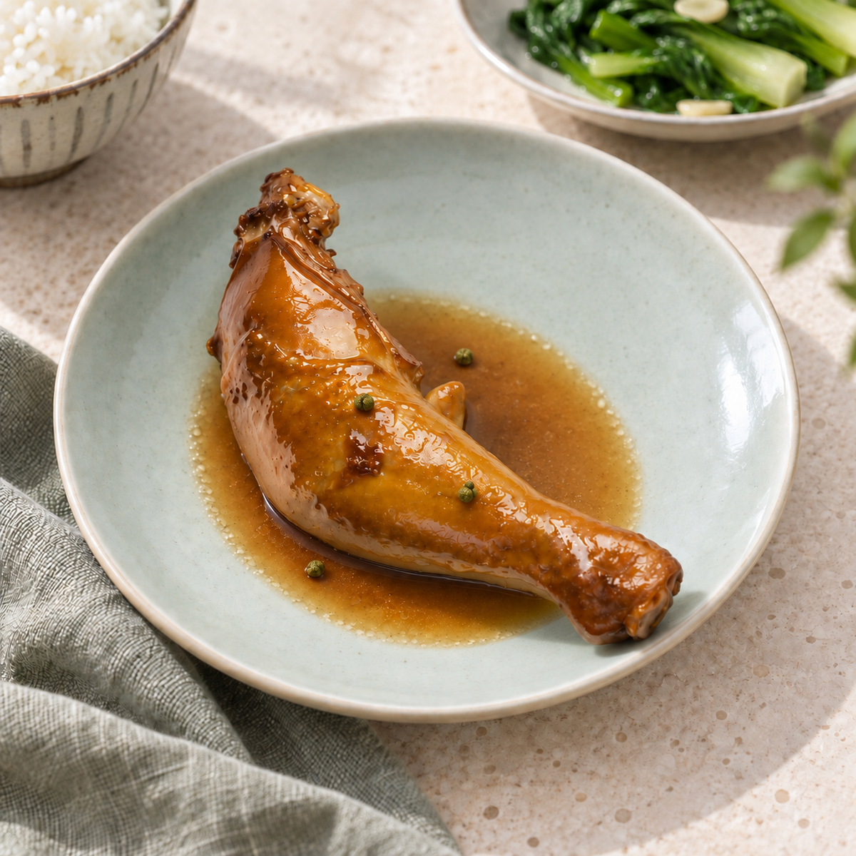 OKA-OKA老卤青花椒全鸡腿与青花椒摆盘的食用示意
